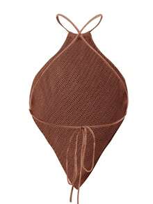Blusa de punto de mujer de verano con cuello halter, dobladillo asimétrico y unicolor - Café integral - Ver 2