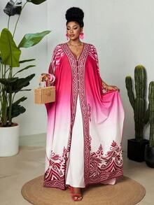 Vestido maxi con cuello en V, mangas tipo murciélago y botones para mujer talla grande, de primavera/verano, estilo bohemio, elegante y lujoso, relajado y vintage, para usar en la playa, con estampado geométrico degradado, cómodo y holgado tipo kaf - Multicolor - Ver 6