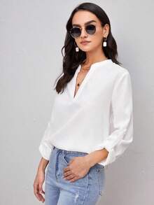 Clasi Blusa con cuello con muesca y mangas enrollables, blusas de manga larga - Blanco - Ver 5