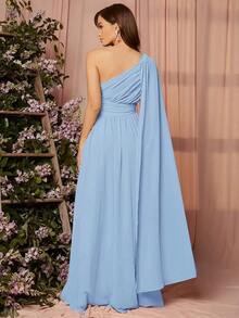 1 pieza Vestido de dama de honor con un solo hombro drapeado, elegante vestido de manga larga - Celeste - Ver 2