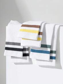 4 Pasang Kaos Kaki Olahraga Pria Model Crew, Kaos Kaki Katun Bernapas dengan Pola Garis, Kaos Kaki Kasual Tinggi Unisex Cocok untuk Musim Semi/Panas, Tahan Bau - MultiWarna - View 8