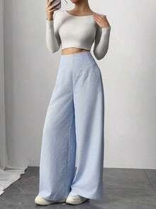 Pantalones anchos de cintura alta y pierna ancha para mujer, color azul, adecuados para la playa, el aeropuerto, de estilo modesto - Azul y blanco - Ver 6
