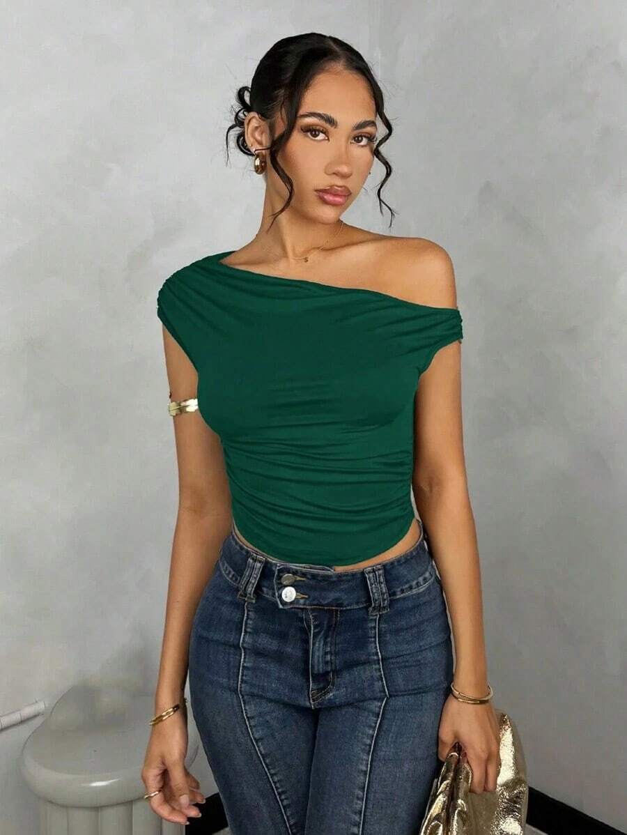 Blusa de verano de unicolor con hombro asimétrico y fruncido para mujer - Verde Oscuro - Ver 1