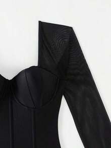 Traje de baño con varilla de contraste de malla para mujer, apto para vacaciones, viajes, festivales, piscina, surf, playa de verano - Negro - Ver 5