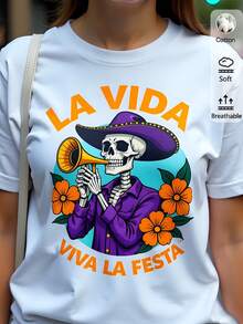Women's White 180G T-Shirt, Casual Style, Short, Round, With Mexican Skull Design, Hat, Flowers And The Text "La Vida, Viva La Festa", Ideal For Parties, Mexican Culture And Modern Looks. - 白色 - 查看 9