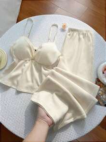 Conjunto de pantalones palazzo casuales con parches de tela texturizada, encaje floral y estilo Y2K - Albaricoque - Ver 3