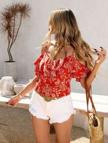 Blusa de mujer de gasa con hombros descubiertos, bajo con volantes y estampado, para primavera/verano y vacaciones - Rojo - Ver 4