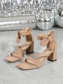Sandalias elegantes y glamorosas con tacón grueso de punta cuadrada y decoradas con rhinestones, adecuadas para banquetes y fiestas, de moda y versátiles - Albaricoque - Ver 6