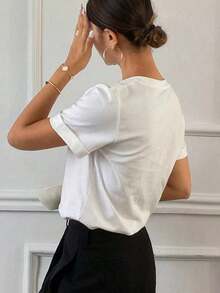 Camiseta casual sencilla de color liso para mujer, uso diario de moda, nueva llegada de otoño - Blanco - Ver 4