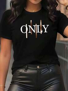 Basic T-Shirt Style Top With Modern Stylized Typography Design, Soft And Comfortable Women's T-Shirt With Front Letter Print - 黑色 - 查看 7