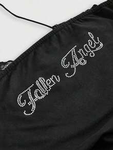 Camiseta de tirantes finos con adornos de strass y ribete de encaje 2 en 1 para mujer - Negro - Ver 3