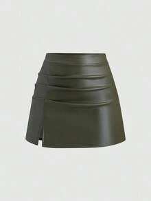 Falda mini acampanada de línea A con abertura lateral, de cintura alta y plisada, de PU estilo retro elegante para mujer, Y2K - Verde Oliva - Ver 6