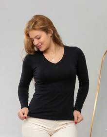 Set Of 2 Long Sleeve T-Shirts, Base Layer Blouses, V-Neck, Slim Fit, Workwear, Winter, Basic, Plain - Hitam dan Putih - View 9