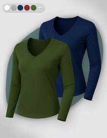 Set Of 2 Long Sleeve T-Shirts, Base Layer Blouses, V-Neck, Slim Fit, Workwear, Winter, Basic, Plain - Green - View 1