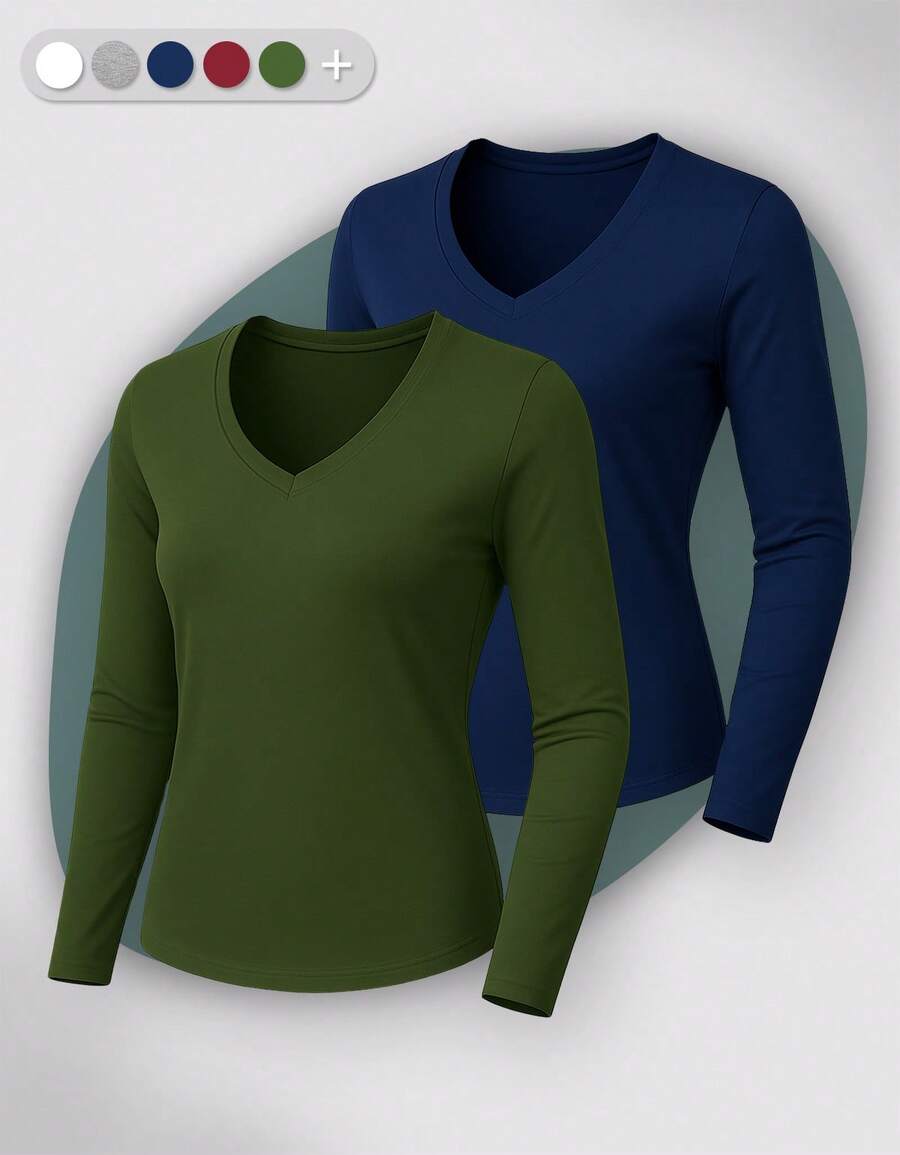 Set Of 2 Long Sleeve T-Shirts, Base Layer Blouses, V-Neck, Slim Fit, Workwear, Winter, Basic, Plain - Green - View 1