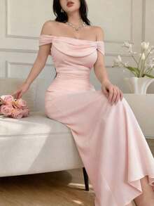 YHHCelisse Vestido elegante ajustado con hombros descubiertos y drapeado de unicolorYHH - Rosa - Ver 12