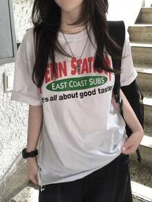 Y2K Women's Short Sleeve T-Shirt, Modern Red And Green Letter Print, Summer Y2K Top, New, Versatile, Loose Fit, Round Neck, Fashion - 白色 - 查看 9