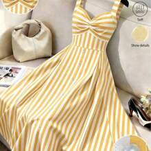 Vestido camisero midi de mujer con estilo, de tela tejida, de rayas azules y blancas, con vuelo, informal y de verano - Amarillo claro - Ver 1