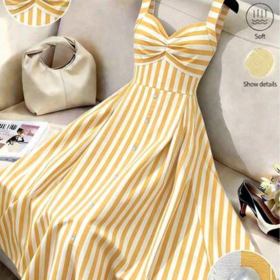 Vestido camisero midi de mujer con estilo, de tela tejida, de rayas azules y blancas, con vuelo, informal y de verano - Amarillo claro - Ver 1