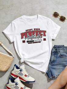 Camiseta de manga corta con cuello redondo suave y casual para mujer, estilo retro americano preppy, imagen principal deportiva, estilo de ropa deportiva europea y americana, diseño atemporal, estilo urbano, universitario, deportivo, años 90, milenio, Y2K. Negro. - Blanco - Ver 2