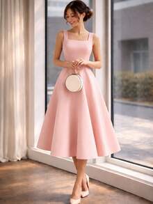 Women's Midi Dress With Square Neckline And Defined Waist | Elegant Midi Dress | Tailored Style | Defined Waist | Perfect Mother's Day Gift - Rosa Rosé - 查看 4