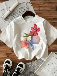 Women's Soft, Breathable, Loose-Fitting T-Shirt - Summer Beach Top With Round Neck And Pastel Pink And Blue Watercolor Floral And Starfish Print, Casual All-Season Short-Sleeve T-Shirt With Relaxed Fit, Machine Washable - [白色的] - 查看 6