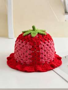 1 Set Handmade Crochet Strawberry Knitted Earrings And Hat 2 Pieces Set, Cute Fruit Design, Hollow Bucket Hat, Suitable For Spring And Summer, Party Wear - Multicolor - View 18