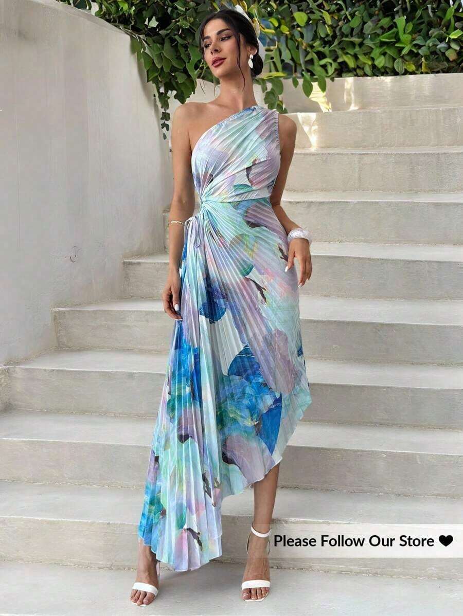 Vestido de mujer nuevo con estampado de teñido anudado asimétrico, cintura hueca, volantes en el bajo y un solo hombro, vestido elegante y romántico para citas y vacaciones, vestido de verano para mujer, tono de color suave, adecuado para atuendo de playa - Multicolor - Ver 1