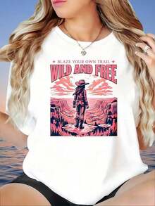 Camiseta de Mujer "Wild And Free" con Diseño Gráfico Western "Traza Tu Propio Camino", Top de Moda para Aventuras al Aire Libre - Blanco - Ver 5