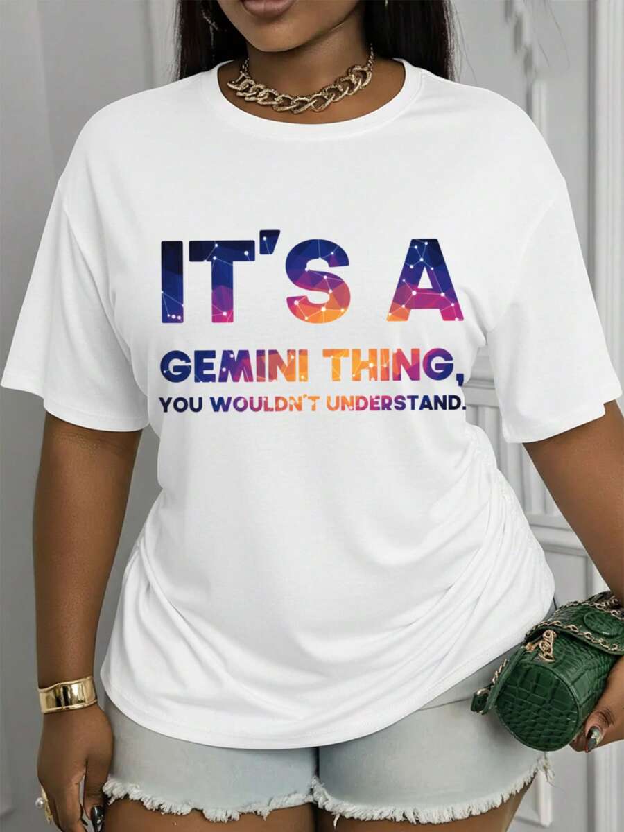 Camiseta Deportiva Casual para Mujer con Texto Temático de Galaxia - Camiseta Blanca Elástica de Cuello Redondo, Lavable aáquina, Ajuste Cómodo para Todas las Estaciones, Perfecta para Combinar con Shorts de Mezclilla. - Blanco - Ver 1
