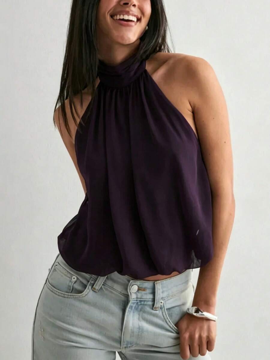 Women Cute Puffy Halterneck Top Sleeveless Open Back Tank Tops Fashion Button Neck Crop Tops Summer Y2K Loose Vest For Club Party Streetwear Going Out - 深紫色 - 查看 1