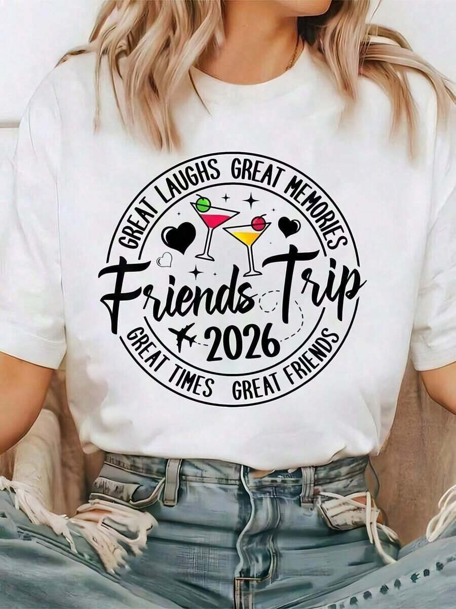 Regalo: 1 camiseta blanca con estampado de viaje de amigas para mujer, cuello redondo, camiseta casual de algodón, tejido de punto de elasticidad media, corte regular para damas, para primavera/verano/otoño, suave. - Blanco - Ver 1