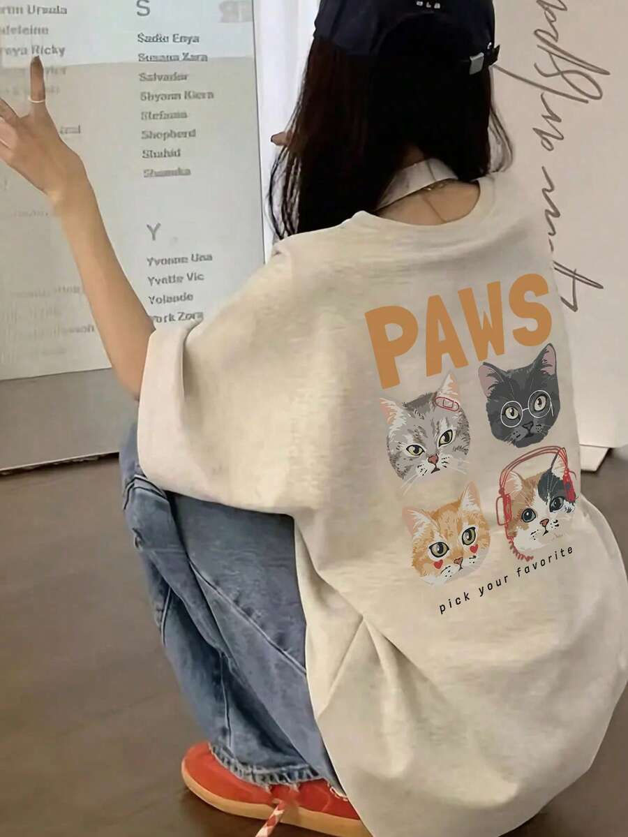 Kaos Wanita Longgar Leher Bulat Lengan Pendek dengan Motif Huruf & Kartun Kucing, Kasual Musim Semi/Panas - Abu-abu muda - View 1