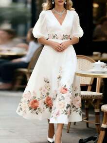 Vestido elegante de mujer con cuello en V, mangas abullonadas y estampado floral - Negro - Ver 10