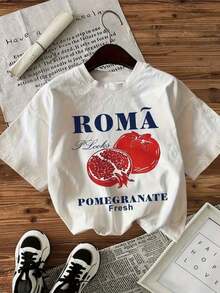 1 Piece Women's Casual Short Sleeve T-Shirt - Lightweight Blend, Round Neck, Geometric Design With Cool Text Of ROMA And Pomegranate, Summer Casual T-Shirt For Casual Outfits, Everyday Wear T-Shirt, Vibrant Print Top, Lightweight Fabric 180g, 100% Cotton. - White - View 1