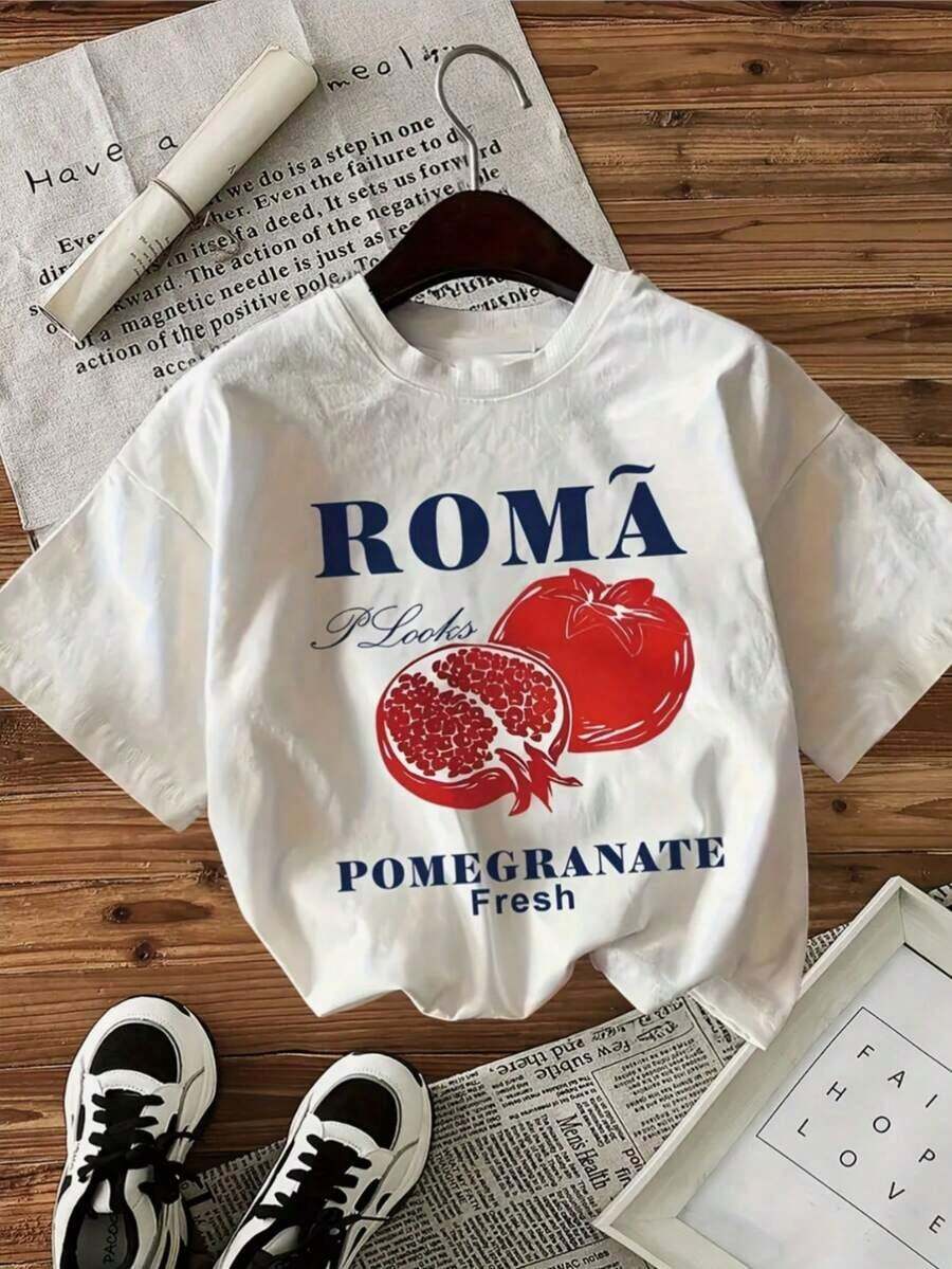 1 Piece Women's Casual Short Sleeve T-Shirt - Lightweight Blend, Round Neck, Geometric Design With Cool Text Of ROMA And Pomegranate, Summer Casual T-Shirt For Casual Outfits, Everyday Wear T-Shirt, Vibrant Print Top, Lightweight Fabric 180g, 100% Cotton. - White - View 1