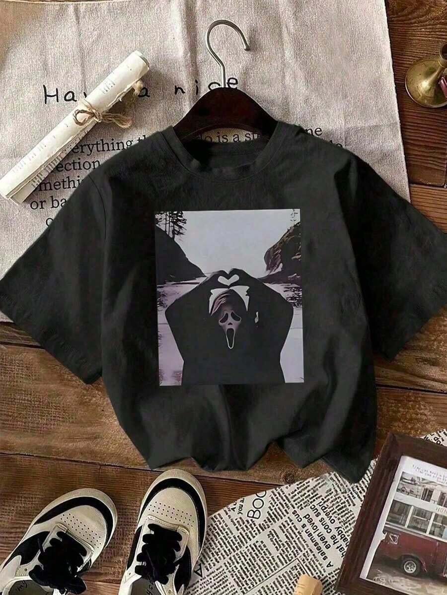 Camiseta de manga corta retro de los 90 con diseño de cara de fantasma y corazón de Halloween, camiseta de película de terror, camiseta divertida con cara de fantasma, camiseta sencilla de manga corta con cuello redondo de color sólido en tallas grandes, ropa casual para uso diario, camiseta de Halloween, ropa de mujer. - Negro - Ver 1