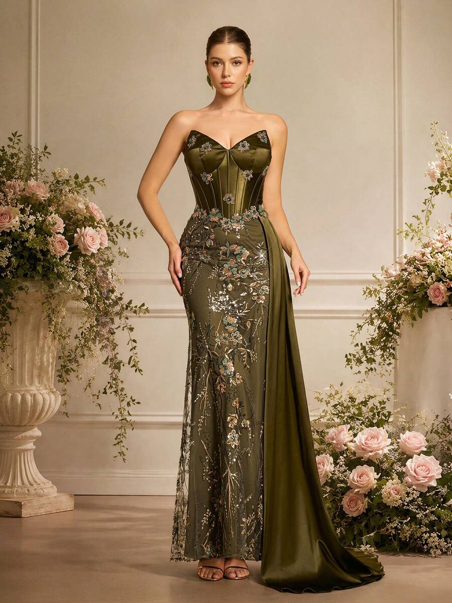 VIPGIRL Elegante y glamoroso vestido de noche largo sin tirantes para mujer con detalles de lentejuelas y malla en contraste para fiesta de boda - Verde Oscuro - Ver 1