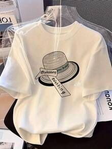 A Cute, Loose-Fitting White Round-Neck T-Shirt With A Printed Design, Perfect For Spring And Summer, That Flatters The Figure. - White - View 1