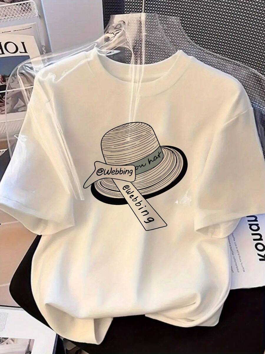 A Cute, Loose-Fitting White Round-Neck T-Shirt With A Printed Design, Perfect For Spring And Summer, That Flatters The Figure. - White - View 1