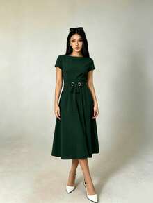 Vestido casual de mujer de cuello redondo y manga corta, vestido para mujer, vestido liso, vestido casual para el día a día, suave y cómodo. - Verde Niebla - Ver 2
