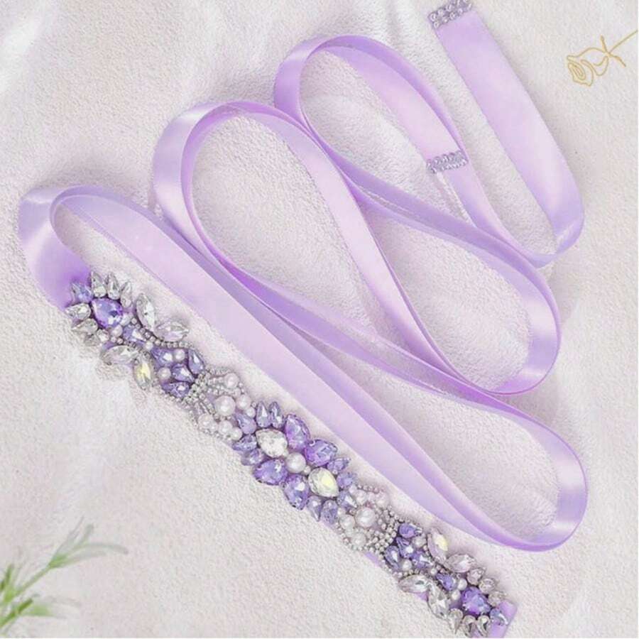 1 chiếc thắt lưng cô dâu đính đá màu tím nhạt sang trọng, thắt lưng eo cưới, thắt lưng buộc eo thủ công cổ điển đính ngọc trai giả, phù hợp với váy cưới, váy dạ hội, dự tiệc và mặc hàng ngày. - Màu tím hoa cà - Xem 1
