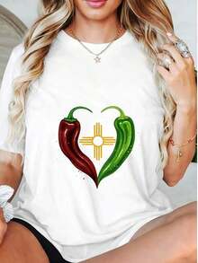 Women's Summer T-Shirts: Short-Sleeve Crew Neck T-Shirt With 180g Print, Celebrating New Mexico, Featuring A Red And Green Chili Pepper Pattern. Loose And Comfortable Summer Wear, Women's T-Shirts - 白色 - 查看 1