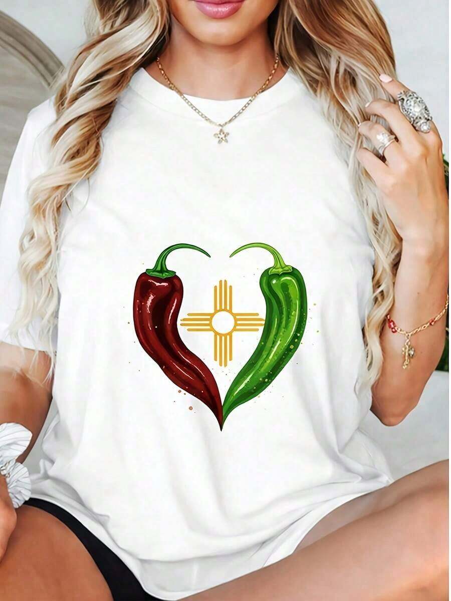 Women's Summer T-Shirts: Short-Sleeve Crew Neck T-Shirt With 180g Print, Celebrating New Mexico, Featuring A Red And Green Chili Pepper Pattern. Loose And Comfortable Summer Wear, Women's T-Shirts - 白色 - 查看 1