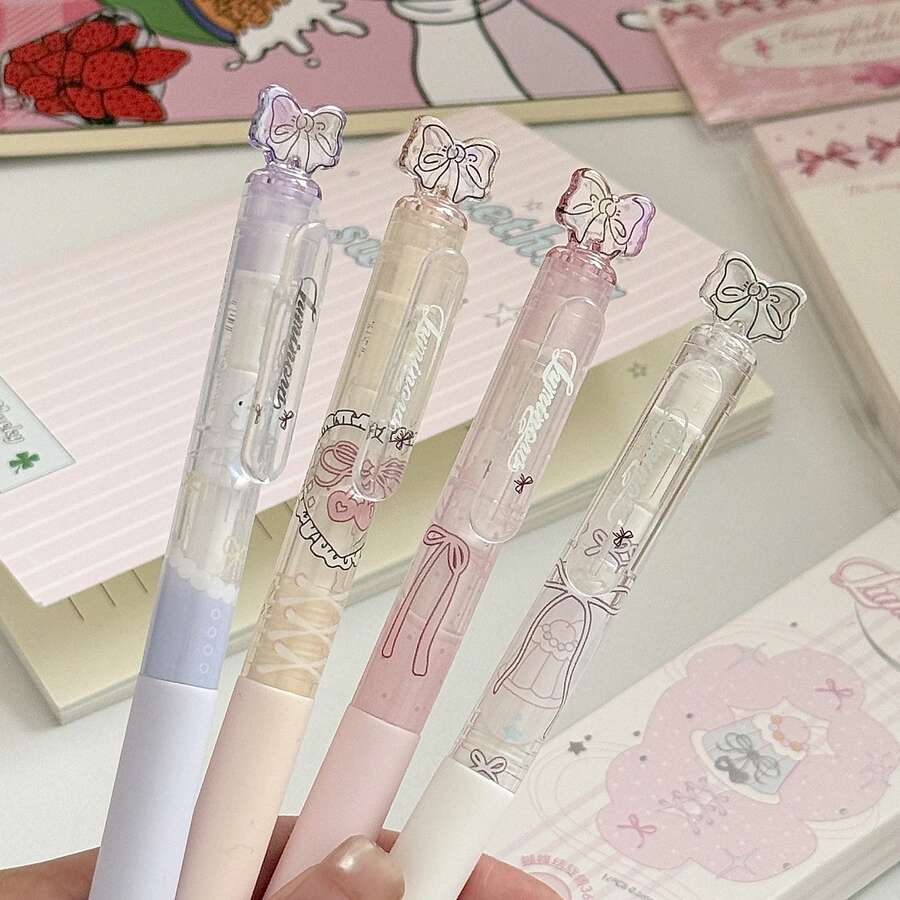 12支/8支/4支/1支可爱3D蝴蝶结中性笔套装,透明蝴蝶结可伸缩圆珠笔,0.5mm黑色墨水,适合学生和日记本使用 - 凡物蝴蝶結筆 - 查看 1