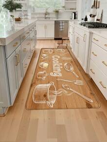 1pc Wood Grain & Kitchen Utensil "Cooking" Pattern Kitchen Mat, Modern Minimalist Absorbent & Oil-Resistant Kitchen Rug, Stain-Resistant Kitchen Floor Mat, Small Kitchen Rug, Easy Care Machine Washable Anti-Abrasion Anti-Scratch Kitchen Floor Mat, Soft & Elastic Kitchen Floor Pad, Kitchen & Dining Room Small Space Compatible Striped Rug, Kitchen Area Rug, Odorless Absorbent Non-Slip Floor Mat (Multiple Styles & Sizes Available) - Sketch Of Wooden Kitchenware - View 3
