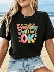 A Casual Essential In Soft Macaron Colors With A "Everything Will Be Okay" Print, This Plus-Size Women's Spring/Summer T-Shirt Is Perfect For Boosting Your Confidence When Feeling Down, Receiving Comfort From Friends, Everyday Casual Wear, And Recovery-Themed Events. The Short Sleeves Make It Ideal For A Relaxed, Urban Look. Made From Soft Cotton For Everyday Wear. - 黑色 - 查看 1