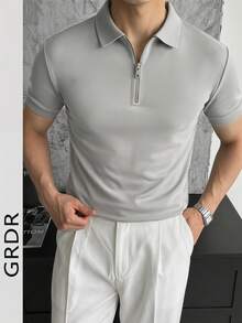 GRDR Men's Fashionable Polo Collar Solid Color Short Sleeve T-Shirt | Exquisite Design | Summer Essential | Easy To Match | Showcase Your Style - Light Grey - View 2