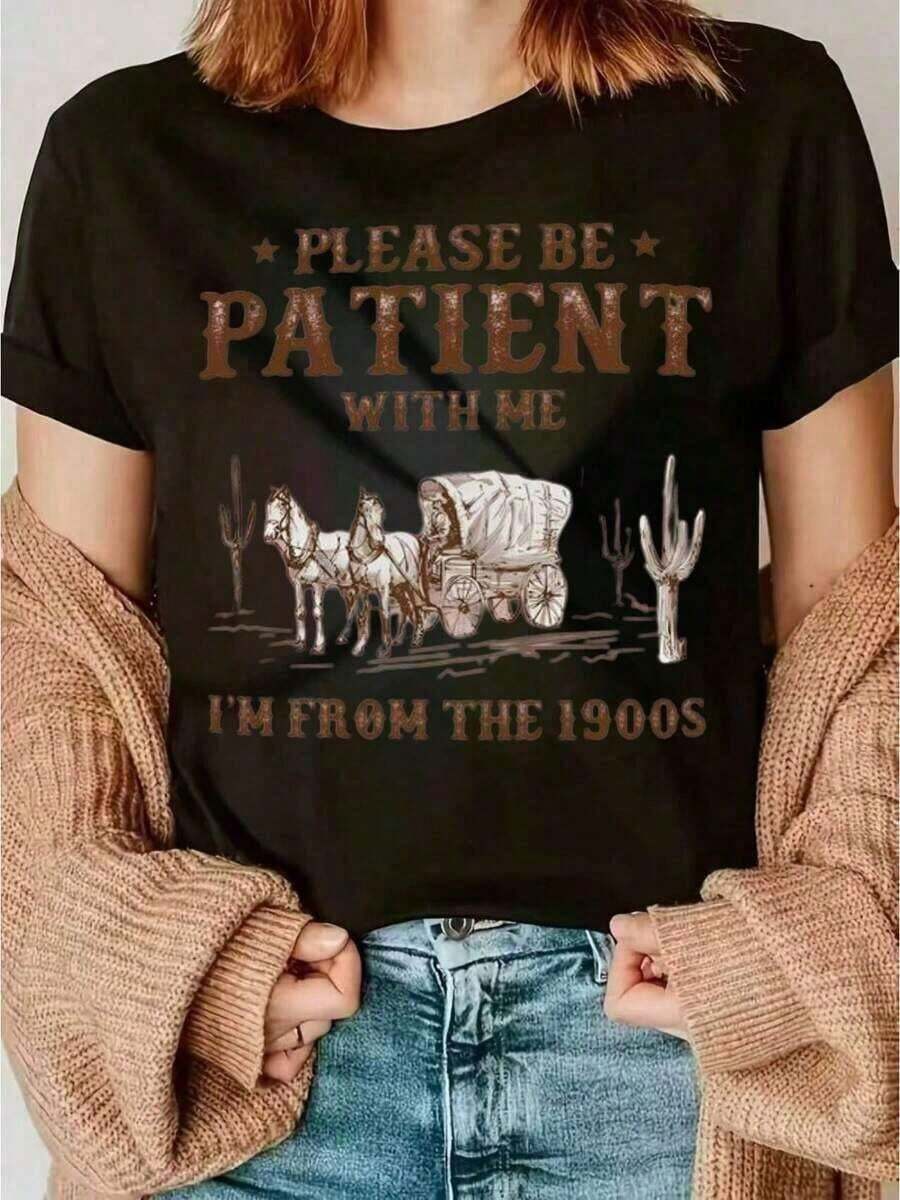 Women's Casual Loose Fit T-Shirt With Western Print "Please Be Patient With Me", Breathable And Comfortable, Short Sleeve, Crew Neck, Vintage Car And Cactus Print, Soft Cotton, Perfect For Everyday Wear And Urban Cowgirl Style - 黑色 - 查看 1