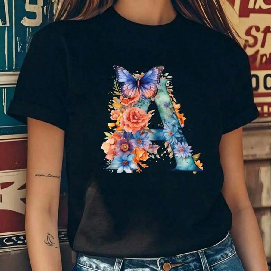 Camiseta negra para mujer con Estampado Floral y Mariposa Letra A para Ocasiones Casuales VeranoPure-Cotton - Negro - Ver 1